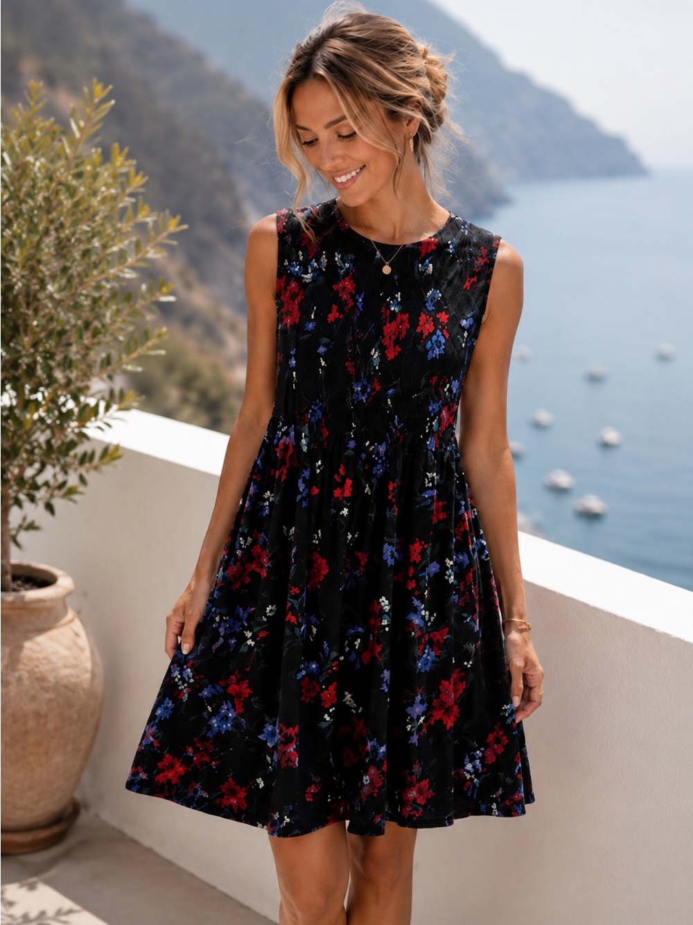 Black Floral A-Line Swing Dress | Sleeveless Red Blue Floral Dress